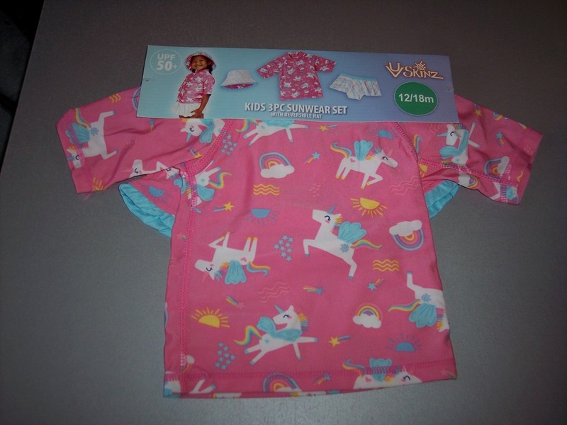 INFANT GIRL 3PC UPF50+ SWIM WEAR SET WITH REVERSIBLE HAT SIZE 12-18M NEW