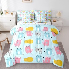 Feelyou Cat Comforter Set Full 7pc Kids Bedding Kitten Heart Bed in a Bag