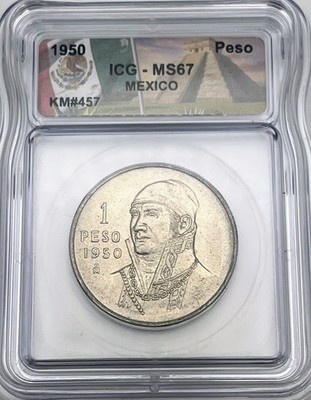 1950 Mo Mexico 1 Peso ICG MS67 Mint State Graded KM#457 1 Year