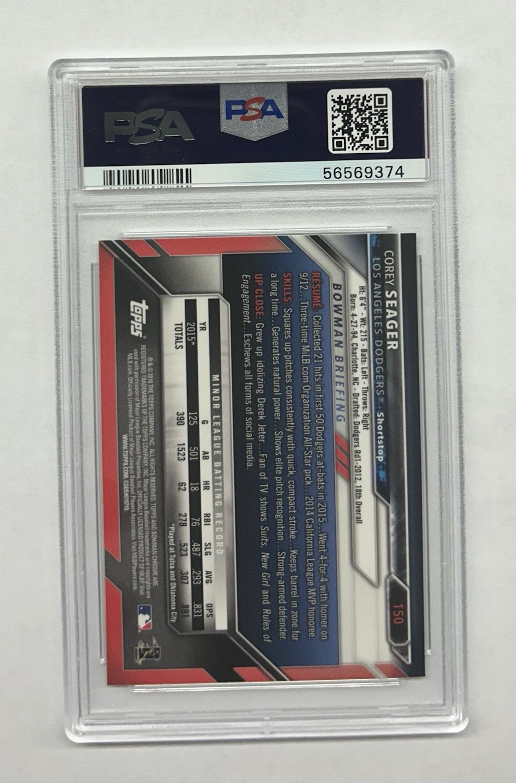 2016 Bowman Chrome Corey Seager 150 PSA 10 ROOKIE RC view 2