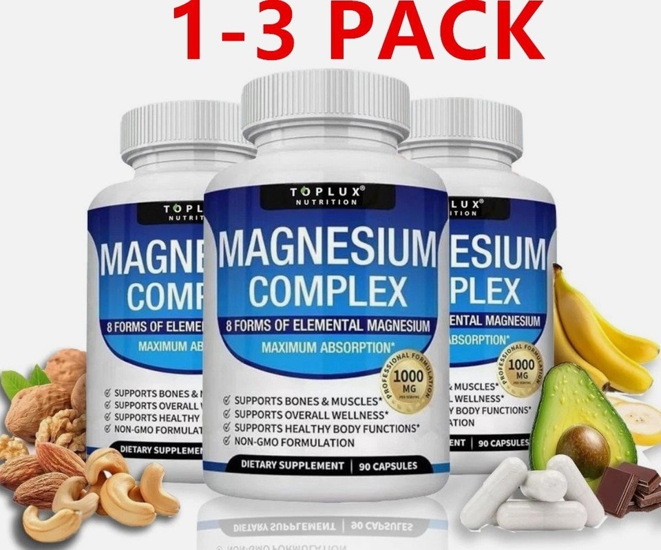1-3Pack Toplux Nutrition Magnesium Complex 1000mg Supports 8 Elemental Magnesium