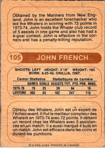 1976-77 O-Pee-Chee WHA #105 John French ref.502 - Picture 2 of 3