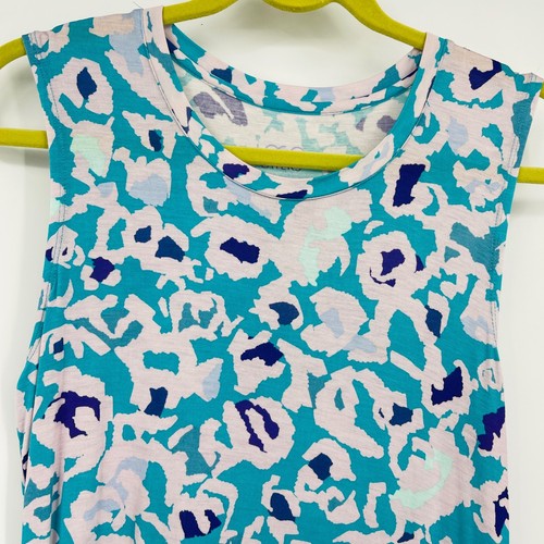 LOGO Layers Blue Leopard Tank Top Asymmetrical Ruffle Stretch Lori Goldstein M - Picture 3 of 10