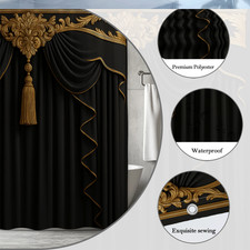 Luxurious Black Shower Curtain with Gold Accents and Tassel