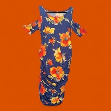 Hello Miz Navy Blue Floral Ruched Cold Shoulder Midi Dress Women's Large