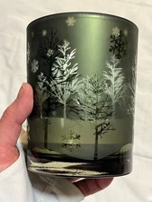 Green/Silver Trees in the snow holiday pillar candle holder (Christmas Trees)