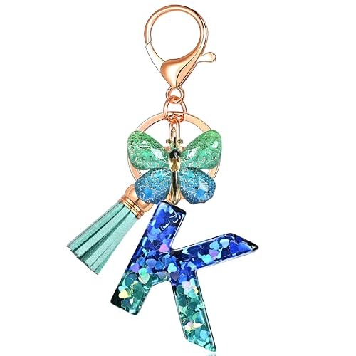 JINGUAZI Initial letter Keychains for Women Tassel Butterfly Pink K-blue Green - Picture 2 of 7