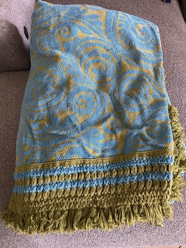 Vintage Fieldcrest Paisley MCM Blue/Green Woven Cotton Fringe Twin Bedspread - Picture 10 of 12