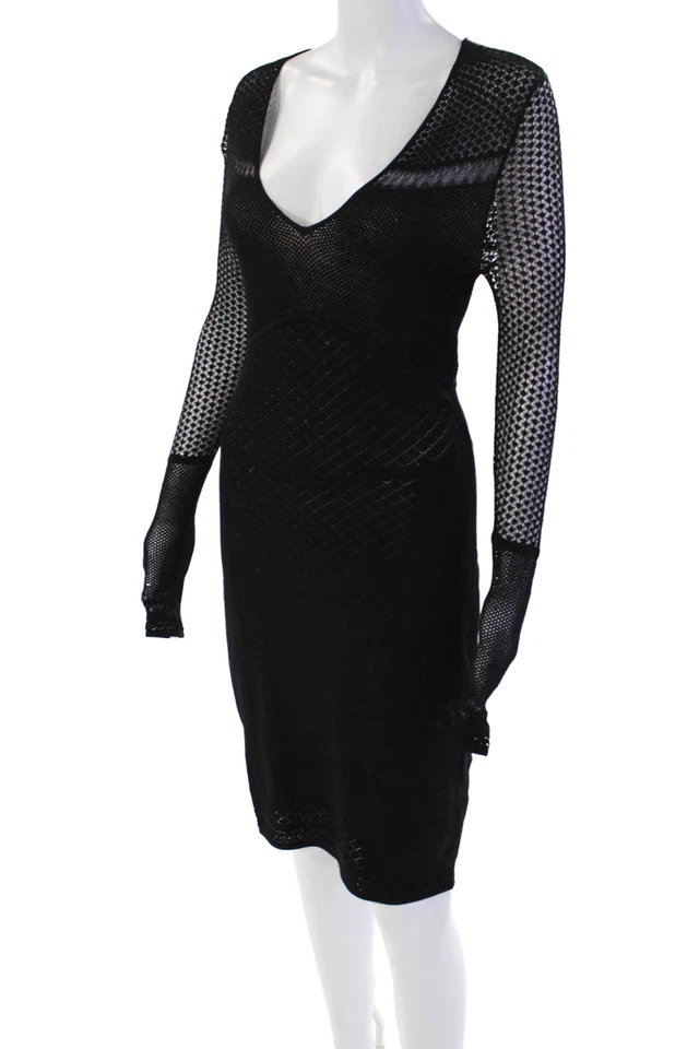 Vestido Catherine Malandrino para mujer tejido abierto manga larga cuello en V negro talla pequeña Foto 2 de 4