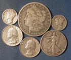 LOT 6 US SILVER COINS 1890 O MORGAN SILVER DOLLAR 1935 D HALF $ 2 QUARTERS ++