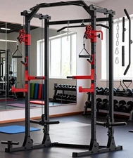 Multi-Function Power Cage Squat Rack 1500LBS w/Dual Cable Pulley System for Home