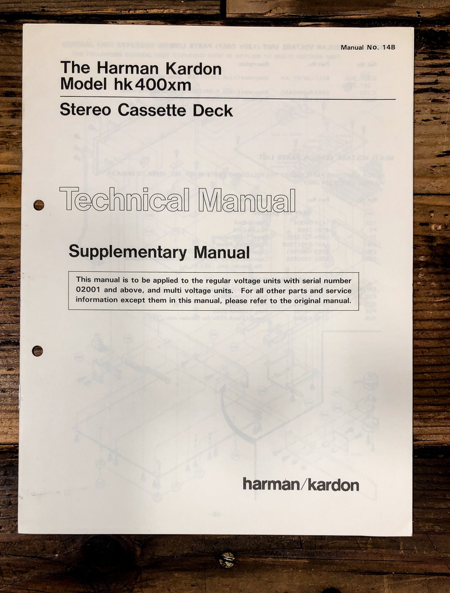 Harman Kardon HK400XM HK-400XM Cassette Supp. Service Manual *Original*