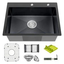 Black Topmount Stainless Steel Bar Sink 25x18x9 Inch Drop In Single Bowl Kitc...