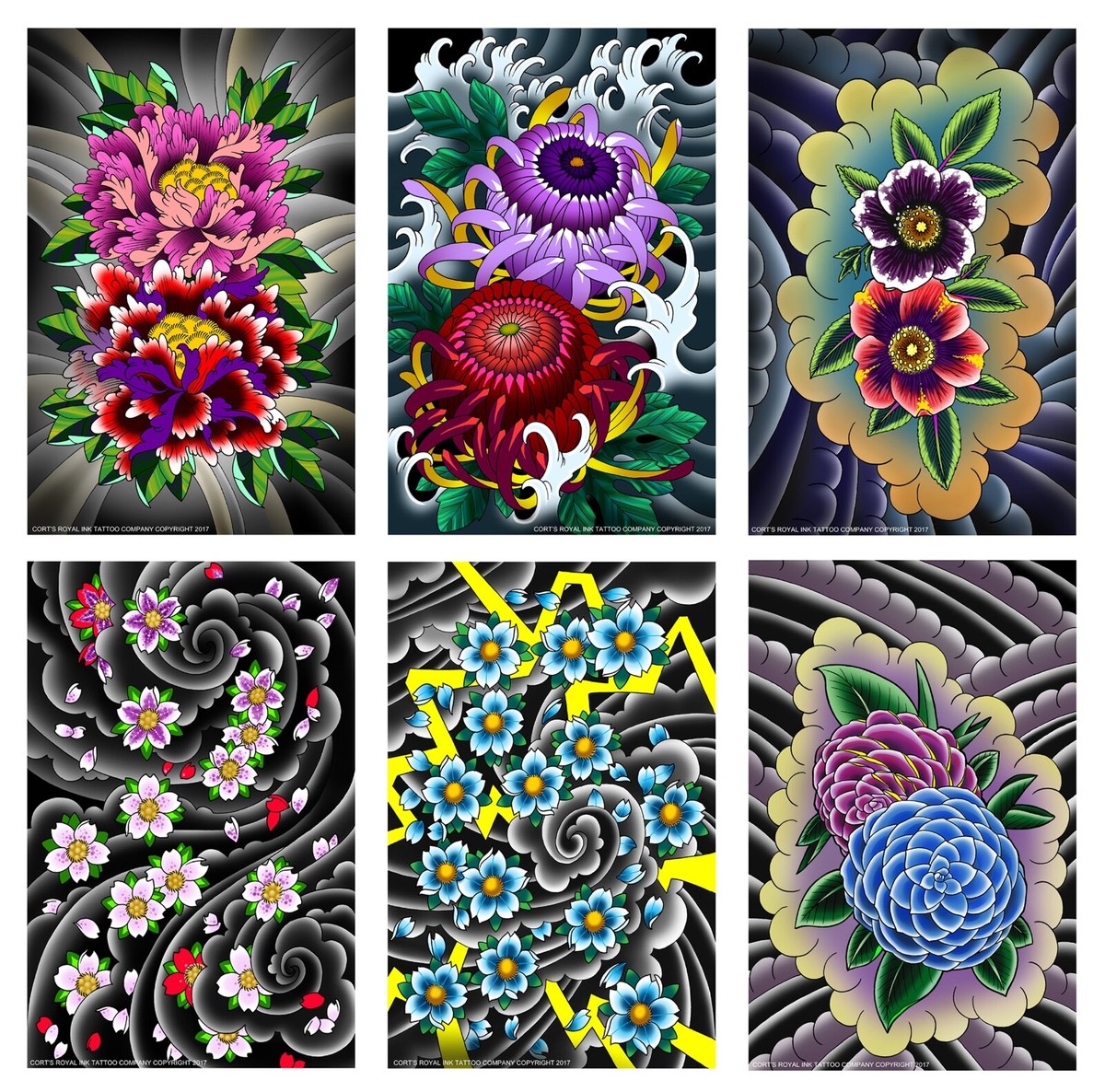 "6 Japanese Flowers" Tattoo Flash,11x17 New for 2018