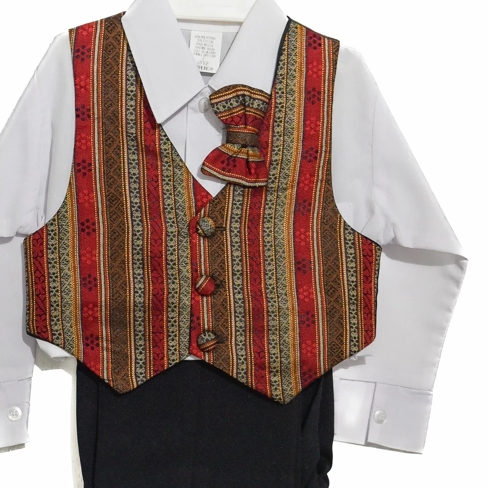 男孩 4 件套套装橙色红色吉普赛背心领结白色衬衫黑色裤子 2T 全新带标签 — 第 2/4 张图片