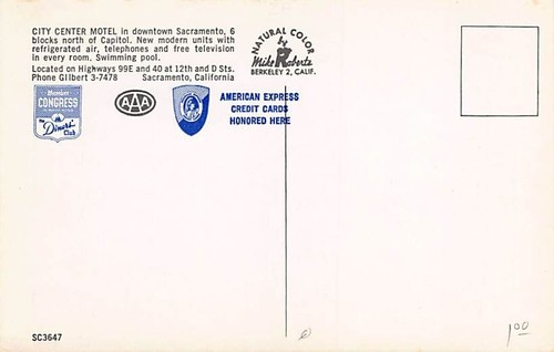 Cartolina CA: City Center Motel, Downtown Sacramento, anni '50 non spedita, vecchie auto - Foto 2 di 2
