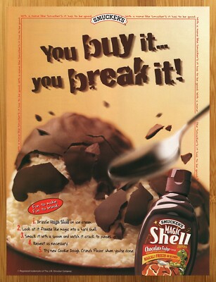 1999 Smucker's Magic Shell Topping Vintage Print Ad/Poster 90s Kid Ice Cream Art