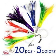 10pcs 5-color Fish WOW! 6" Tuna Feather head Jet Rigged Lure Double tuna Hook