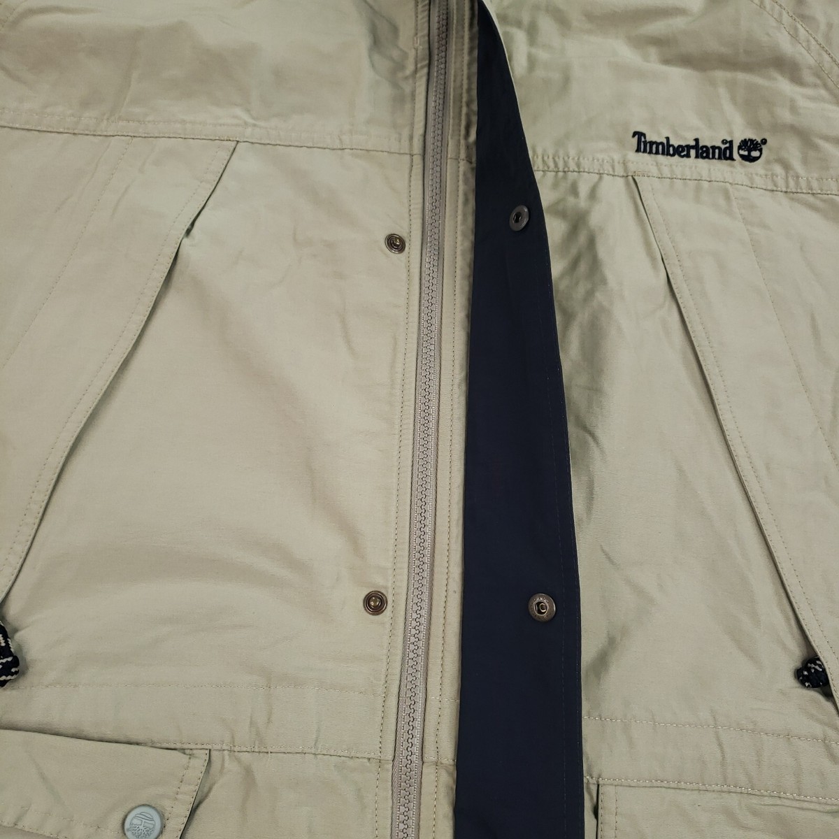 Timberland Full Zip Jacket Mens XL Beige Mock Neck Hidden Hood 