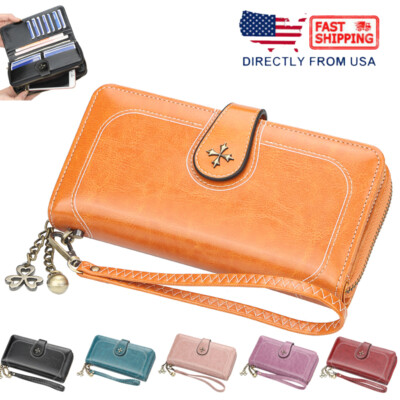 Women's Leather Clutch Large Capacity Wrist Strap Wallet Double Fold Clip  Wallet