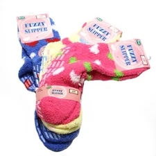 Weitzner Cozy Fuzzy Slipper Grip Socks 3 Pair Pink Yellow Blue Hearts 9-11