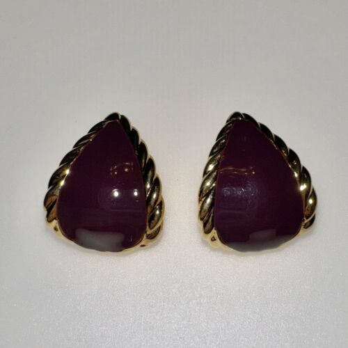 Vtg Napier Deep Purple Enameled Gold Tone Edge Curved Teardrop Design Earrings - Picture 1 of 3