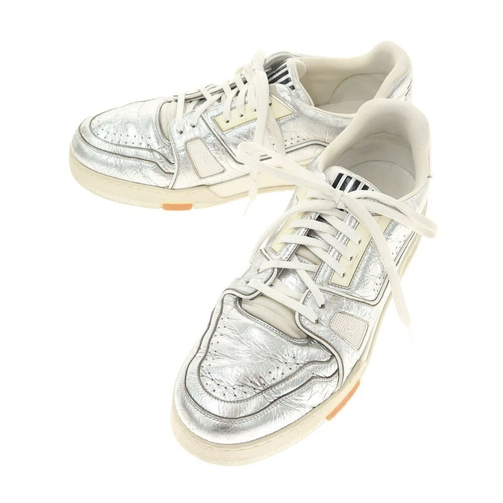 LOUIS VUITTON LV Trainer line Leather Sneakers Shoes 8.5 Silver Auth Men  Used