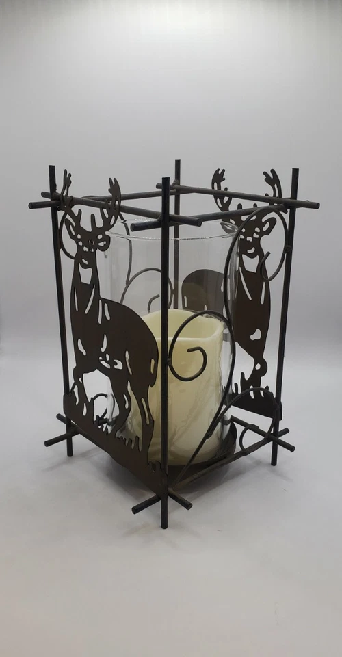 Rustic Home Decor, Glass & Metal Majestic Buck Deer LED Candle Holder, New - Image 2 of 4