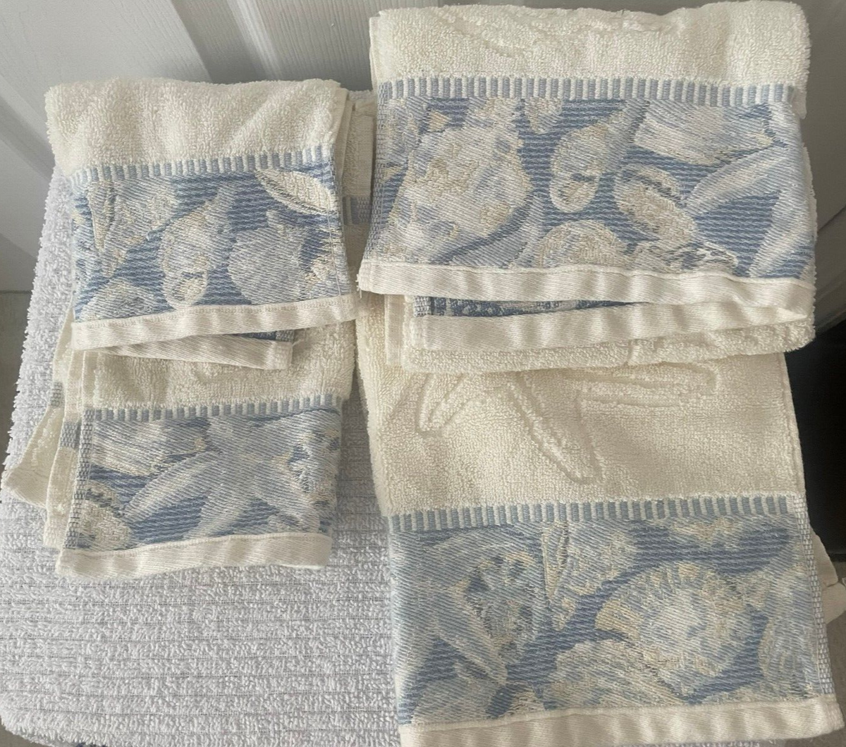 Pastel Blue Springmaid Towels Sea Shell Flocked Design Blue Trim