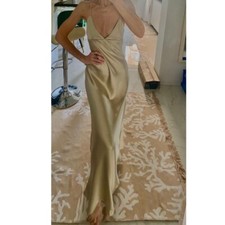 Maxi abito lungo Zara raso kaki chiaro champagne oro scollo a V senza schiena nuovo