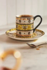 NIB Anthropologie Bistro Garden Tile Bee Yellow Espresso Cup and Saucer Set