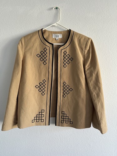 Le Suit Linen Blend Brown Black Embroidered Front Open Jacket Women’s Size 16 P - 第 1/9 張圖片