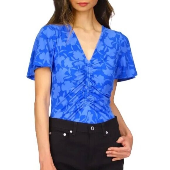 NEW Michael Kors Womens M Printed Ruched Flutter Grecian Blue