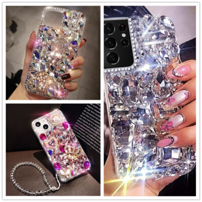 Girl Lanyard Bling Diamond Crystal Rhinestone TPU Rubber Phone Back Case Cover
