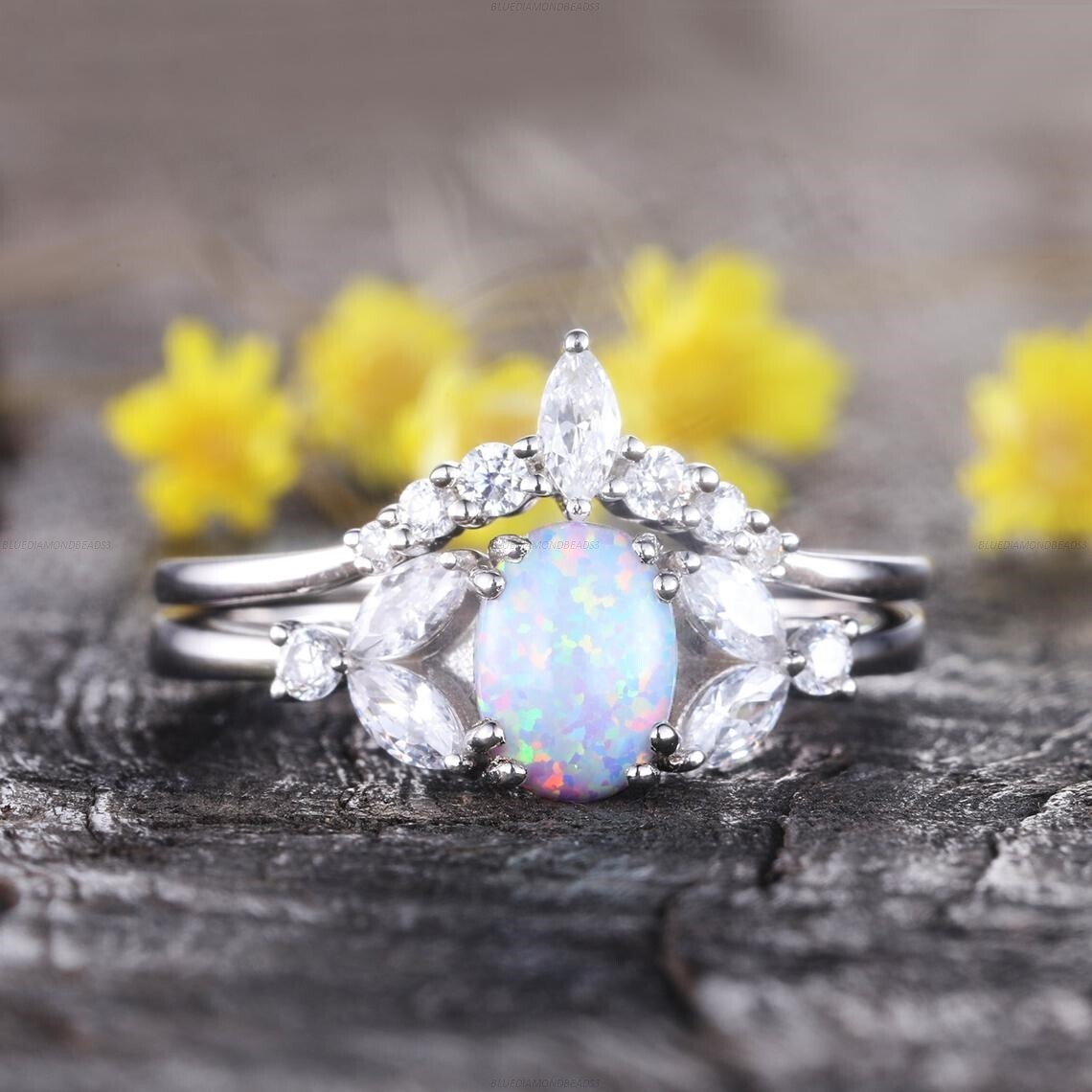 Art Deco Opalite Diamond Engagement Ring Set in 14k Gold Jewelry-image