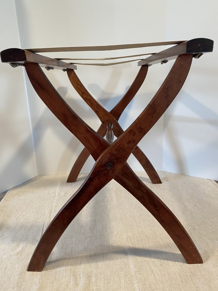 Vintage Wood Luggage Suitcase Folding Rack Stand Tapestry Fabric Strips