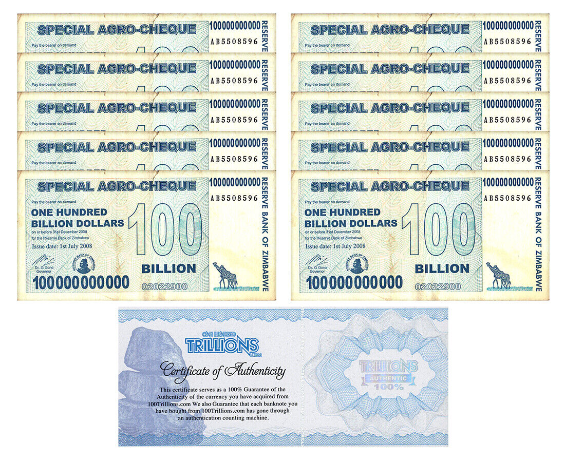 10 Zimbabwe 100 Billion Special Agro Cheque banknote 2008, P-64 USED COA!