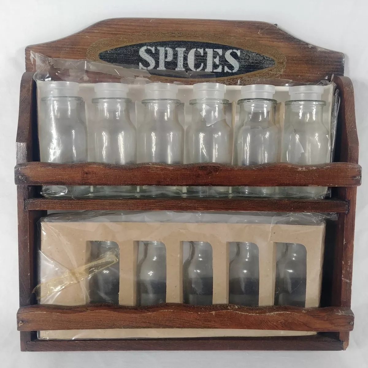 Wooden 2 Tier Spice Rack Wood w 12 Glass Jars Bottles Wall Hanging Shelf 12