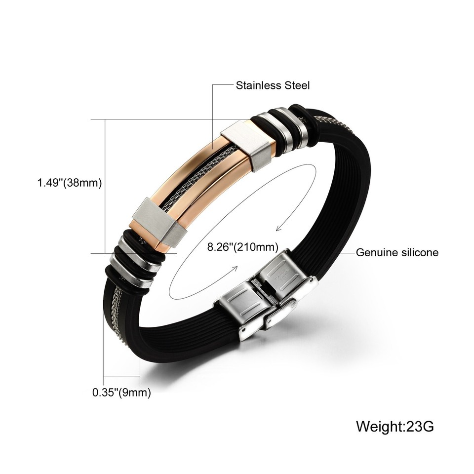 Silicone Bracelet Bangle Rose Gold Stainless Steel Fashion Jewelry 9mm ...