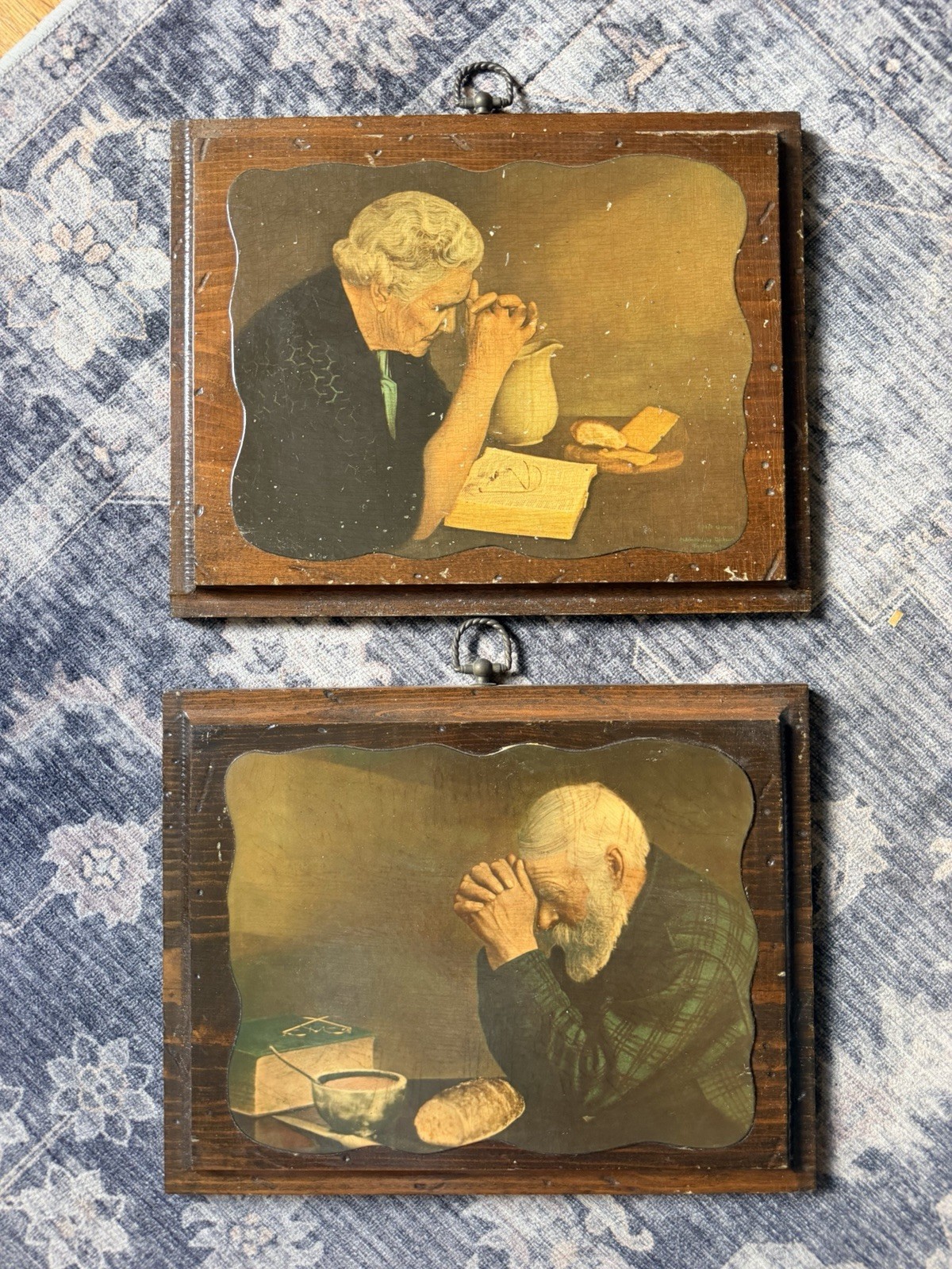 Vintage Praying Couple Wooden Wall Plaques Set o 2 Hanging Decor Grace Gratitude
