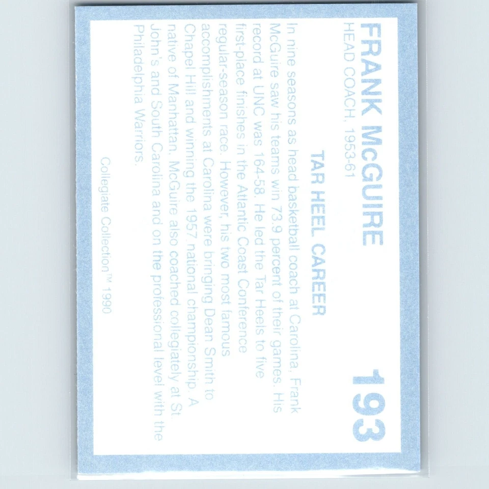 1989-90 Collegiate Collection North Carolina's Finest - Frank McGuire #104 - Image 2 of 2