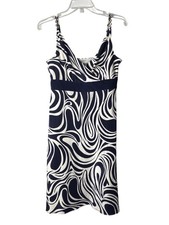 Ann Taylor Silk Fit & Flare Midi Dress 4 Abstract Navy Blue White Vtg Y2K Lined