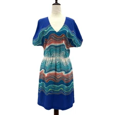 Trina Turk Womens 4 Dress Caspian Agate Ocean Swirl Silk V-Neck Blue Cocktail