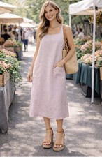 Lavender 100%Linen Midi Dress w Pockets| Minimalist Coastal Summer Shift Relaxed