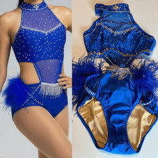 Glamour solo custom dance costume blue feather rhinestoned fringe XLC child