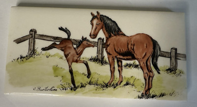 Handpainted Ceramic Art Tile Horse and Foal Mare and Baby Fence Signed By Artist