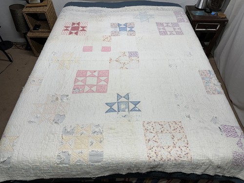 Vtg Distressed 8pt Ohio Star Quilt Hand Stitched Cutter Upcycle Project 73x77” - Picture 3 of 17