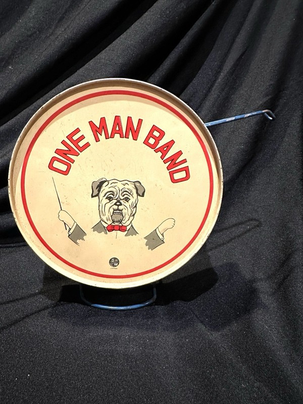 Vintage Antique Tin Litho Drum One Man Band Dog Conductor Toy RARE Japan 1940 50