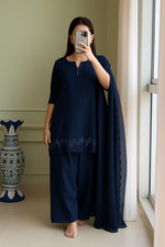 New Launching Navyblue Roman Silk SalwarKameez With Ethanic Dupatta For Festival