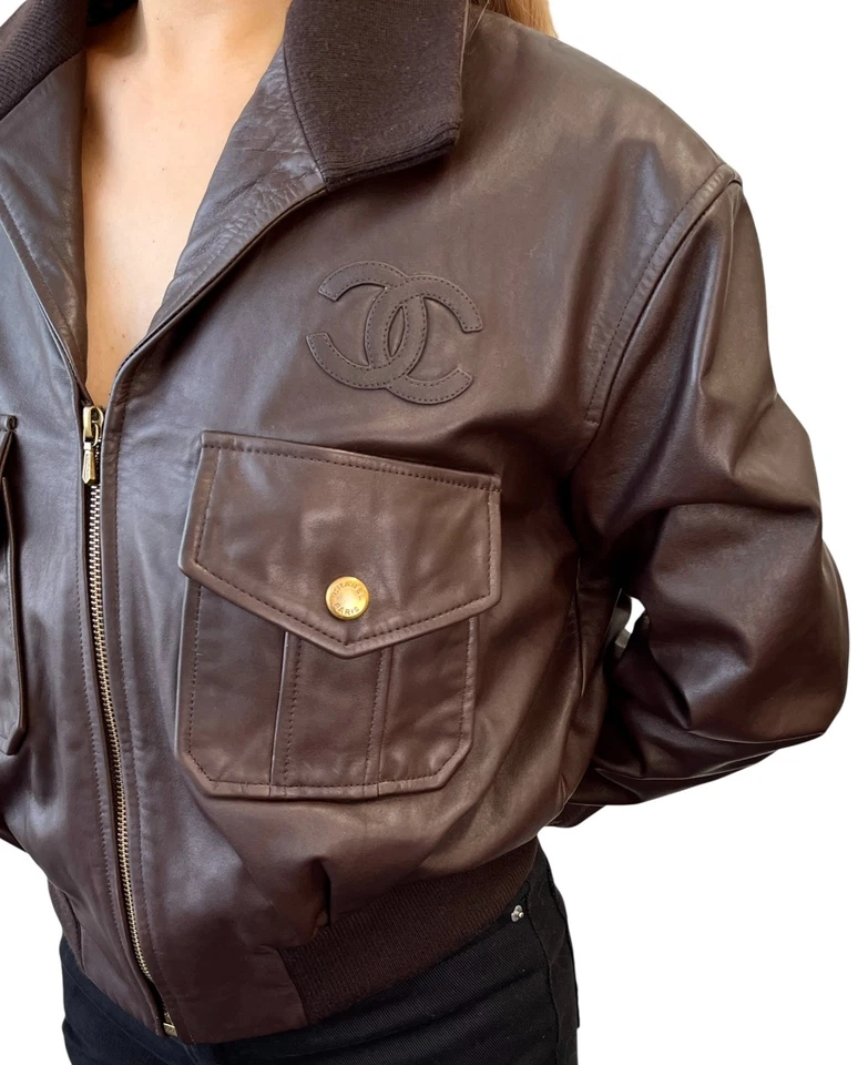 CHANEL винтажный CC Mark логотип кожаная куртка Топ #38 коричневый золото шелк молнии - Изображение 3 из 4